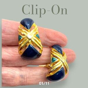 Chunky Gold Half Hoop Enamel Vintage Clip-On Earrings
